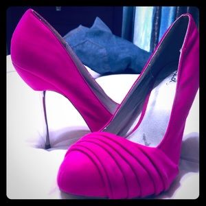 Hot pink gathered front stiletto with silver heel.